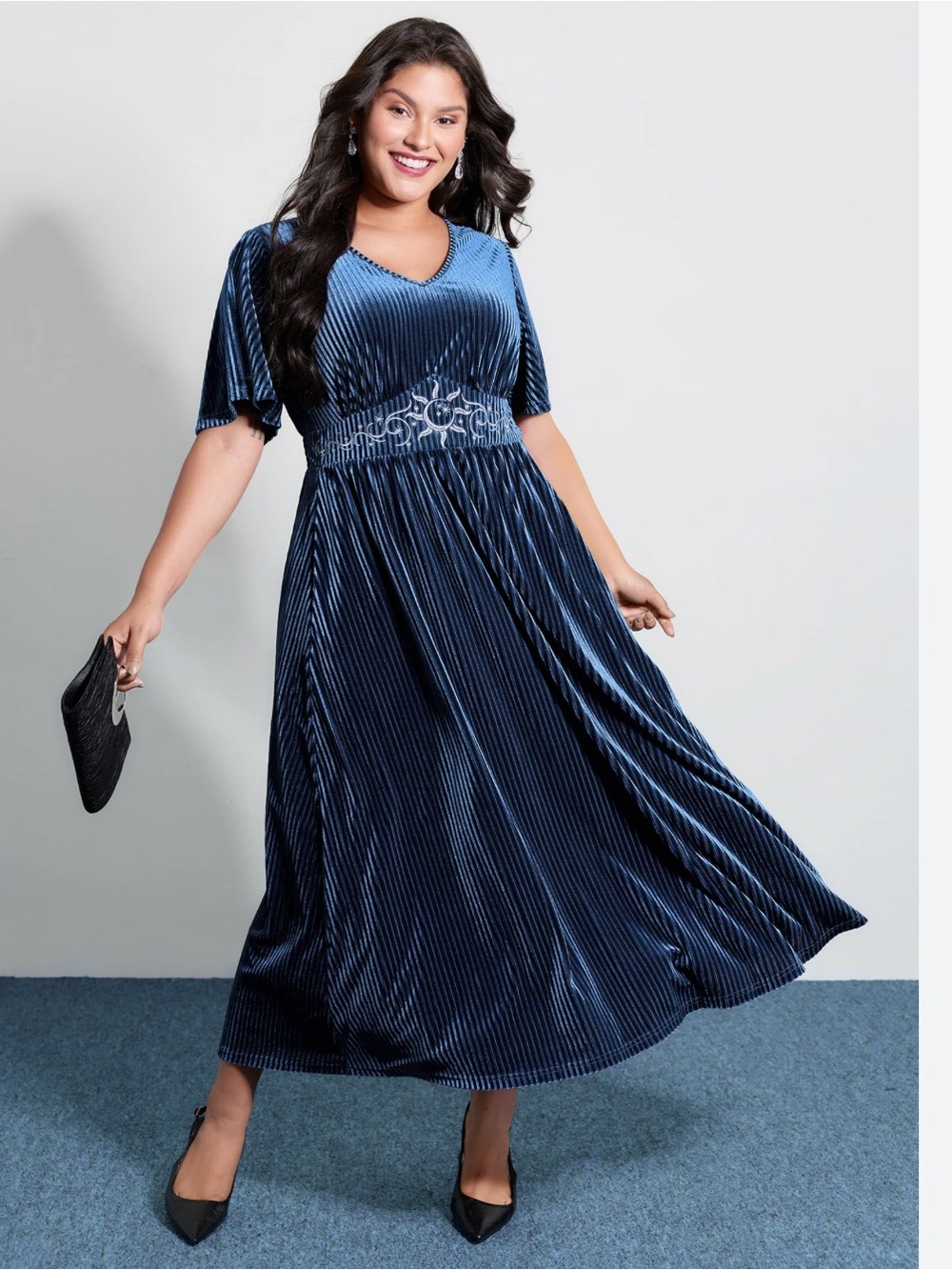 BLOOMCHIC‎ Celestial Embroidered Velvet Maxi Dress Sz 10 Navy Blue Silver
